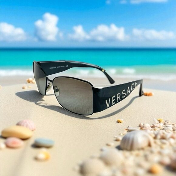Versace Black Rhinestone Logo Sunglasses Bling Rare Designer Glasses Shades +Box - Picture 1 of 8